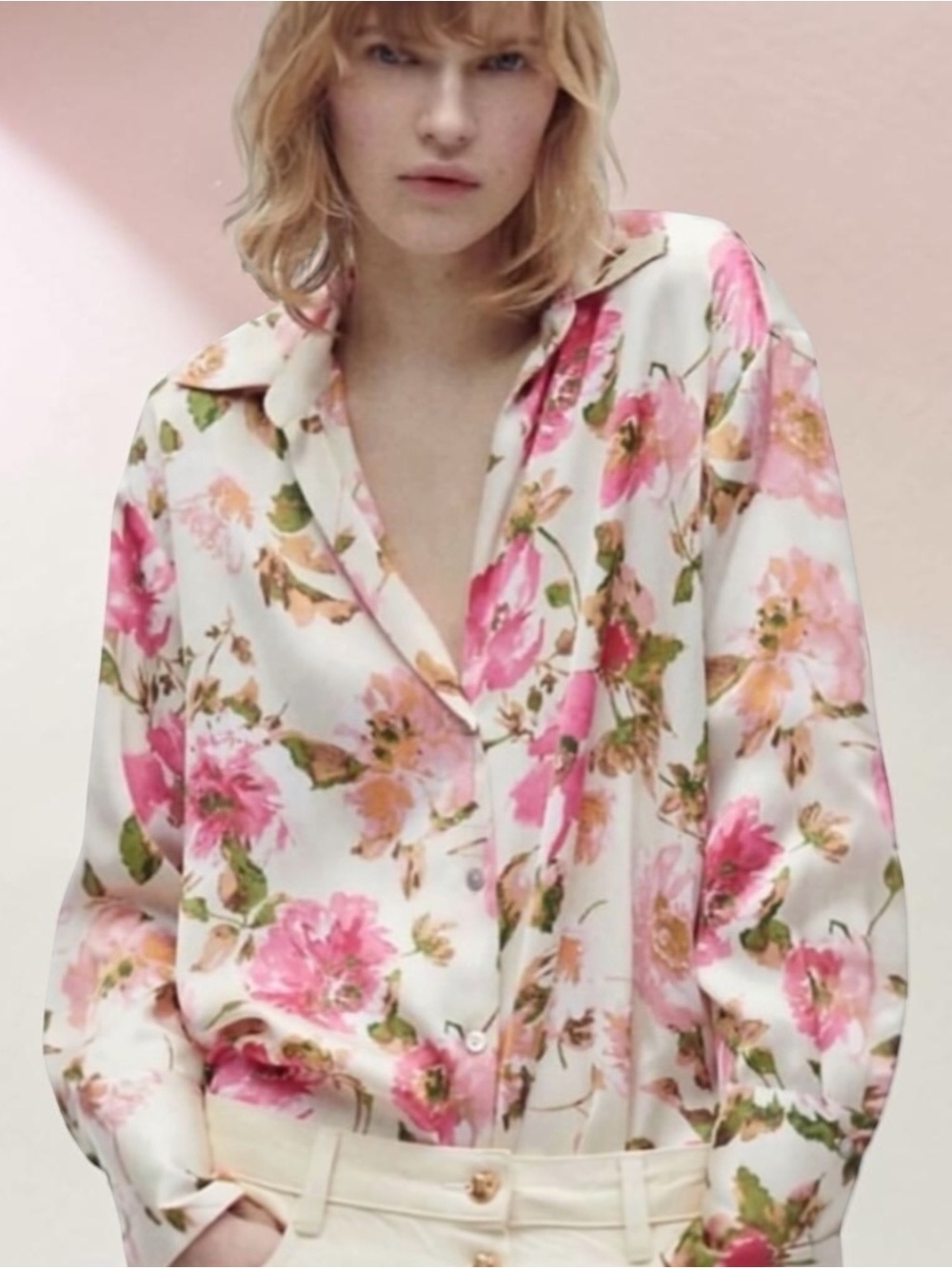 ZARA Floral Print Long Sleeve Satin Shirt Size XS
